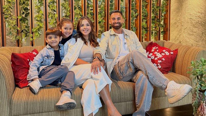 The soccer player pictured with his wife Yanina Maranella and their two children in April.