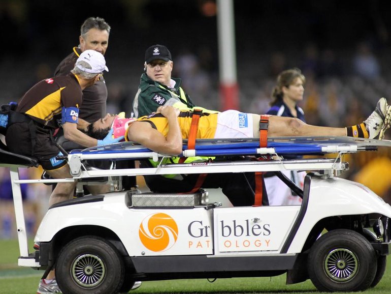 Jordan Lewis is stretchered off the ground after he was knocked out in a 2010 match.  (David Crosling/AAP PHOTOS)
