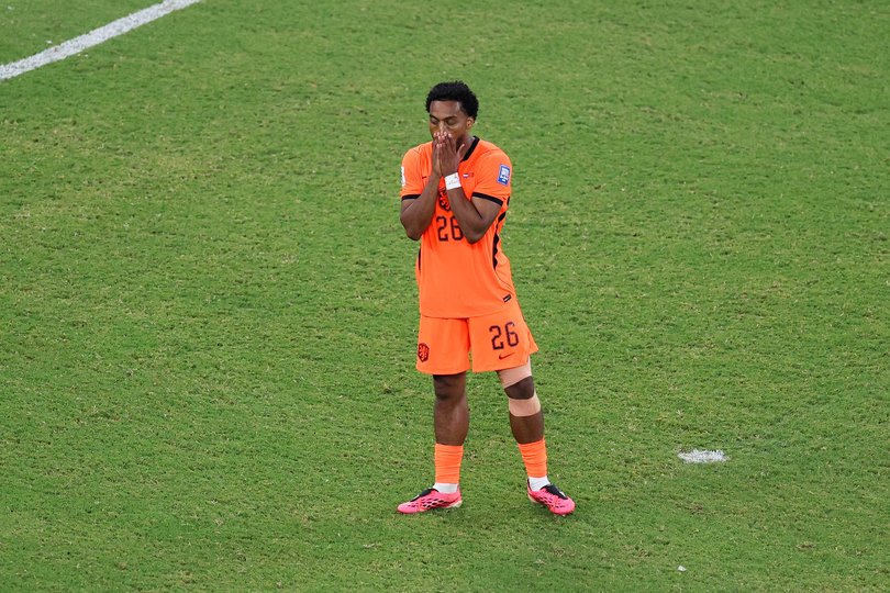 GUADALUPE, MEXICO - JUNE 29: Quinten Timber #26 of Netherlands looks dejected after missing his side's fourth penalty in the penalty shoot out during the FIFA World Cup 2026 Round of 32 match between Netherlands and Morocco at Monterrey Stadium on June 29, 2026 in Guadalupe, Mexico. (Photo by Luke Hales/Getty Images)