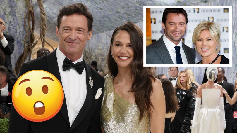 Hugh Jackman (left) has reportedly entered into prenup negotiations with partner Sutton Foster (middle), as rumours continue to grow about the pair’s engagement earlier this year. Inset: Jackman with ex-wife Deborra-Lee Furness.