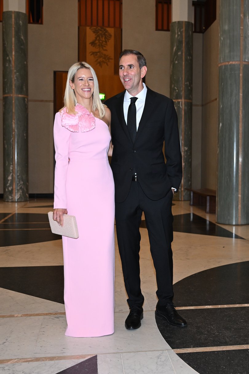 Australian Treasurer Jim Chalmers and wife Laura arrive for the 2026 Midwinter Ball at Parliament House, in Canberra, Wednesday, July 1, 2026. (AAP Image/Lukas Coch) NO ARCHIVING