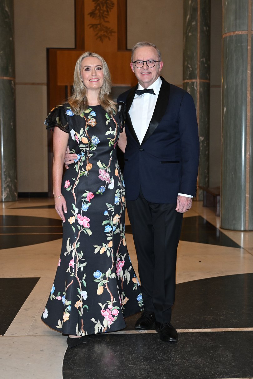 Australian Prime Minister Anthony Albanese and wife Jodie Haydon arrive for the 2026 Midwinter Ball at Parliament House, in Canberra, Wednesday, July 1, 2026. (AAP Image/Lukas Coch) NO ARCHIVING
