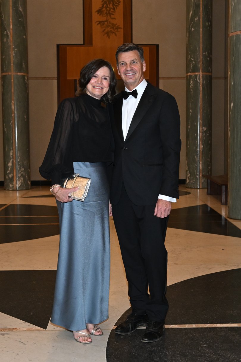 Australian Opposition Leader Angus Taylor and wife Louise Clegg arrive for the 2026 Midwinter Ball at Parliament House, in Canberra, Wednesday, July 1, 2026. (AAP Image/Lukas Coch) NO ARCHIVING