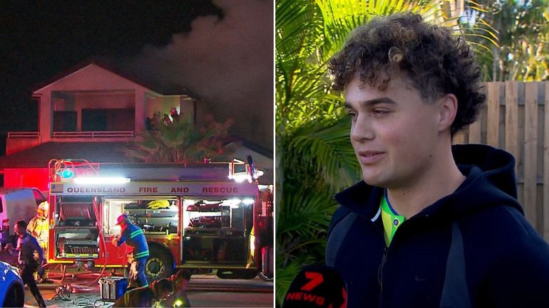 Two critically injured men were pulled to safety by neighbours during a fatal fire that engulfed a Hope Island home.
