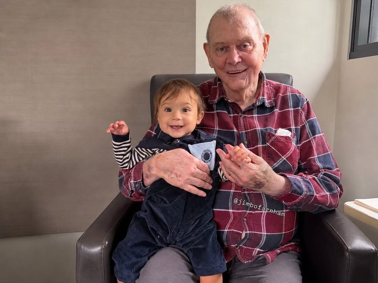 John Farnham celebrates his 77th birthday with grandson Jett.
