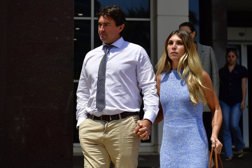 Outback Wrangler Matt Wright and his wife Kaia Wright leaving his chopper crash conspiracy trial in the Supreme Court in Darwin on Thursday, August 28.