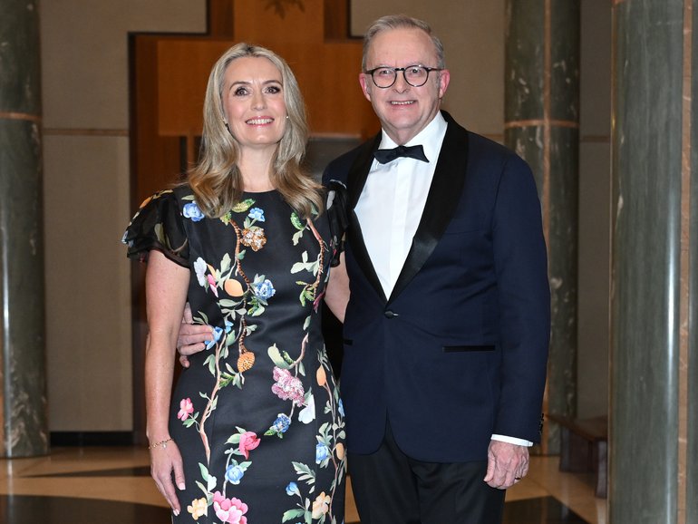 Australian Prime Minister Anthony Albanese and wife Jodie Haydon arrive for the 2026 Midwinter Ball at Parliament House, in Canberra, Wednesday, July 1, 2026. (AAP Image/Lukas Coch) NO ARCHIVING