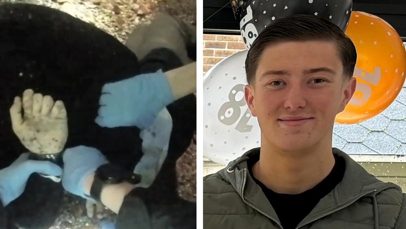 Bodycam footage (left) of Henry Nowak being cuffed after he was fatally stabbed.