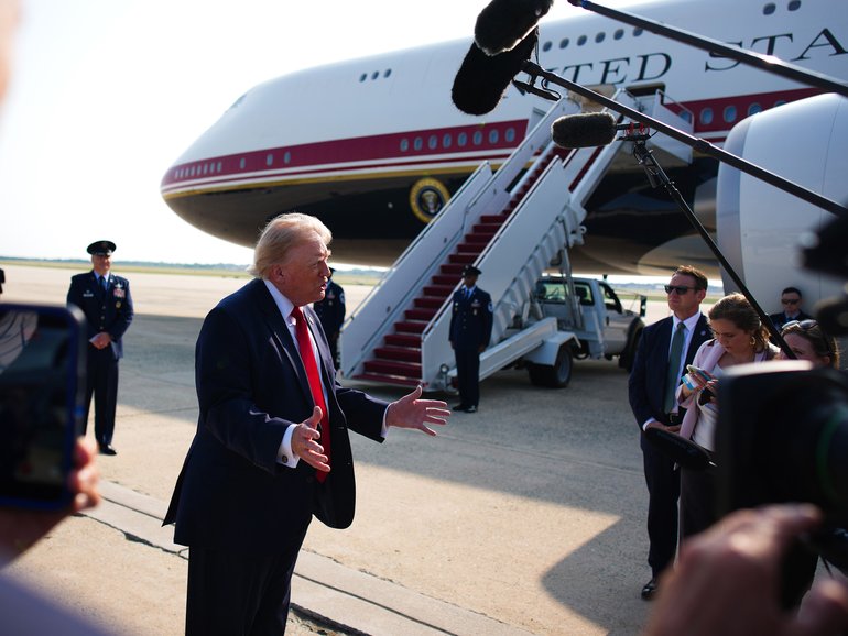 US President Donald Trump in front of the remodelled Air Force One on July 01, 2026 at Joint Base Andrews, Maryland. 