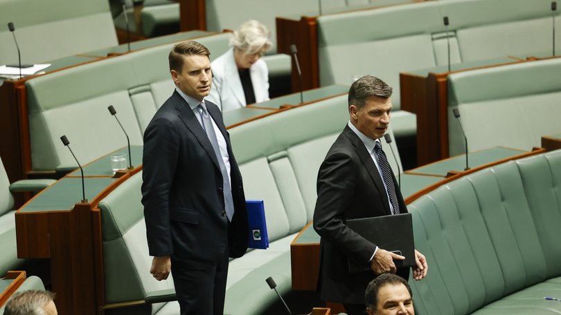 Member for Canning Andrew Hastie  and the Leader of the Opposition Angus Taylor arrive at the House of Representatives on Thursday.