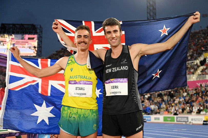 (L-R) Silver medal winner Brandon Starc of Team Australia and gold medalist Hamish Kerr of Team New Zealand celebrate following the Men's High Jump Final in Birmingham.