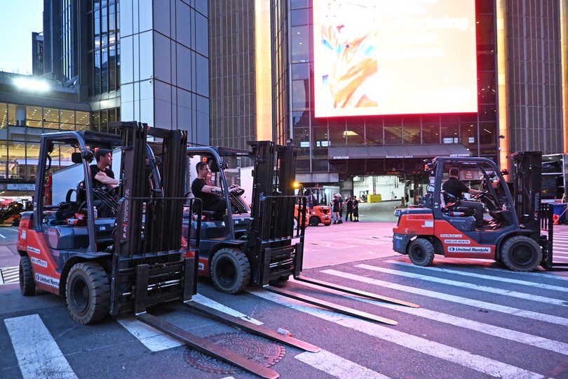 Workers move equipment outside Madison Square Garden on June 30, 2026 in New York City.