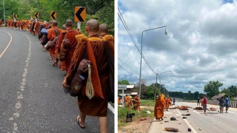 Social media images appear to show the aftermath of the truck crash into the group of Thai monks.