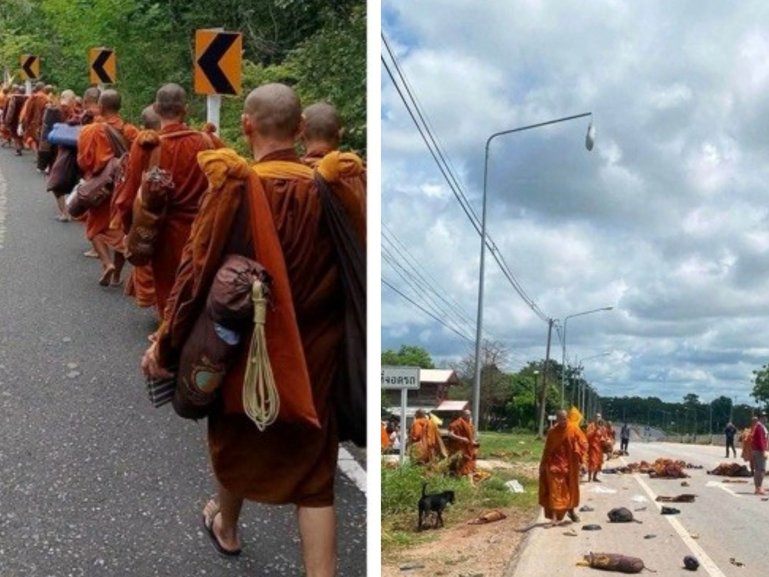 Social media images appear to show the aftermath of the truck crash into the group of Thai monks.
