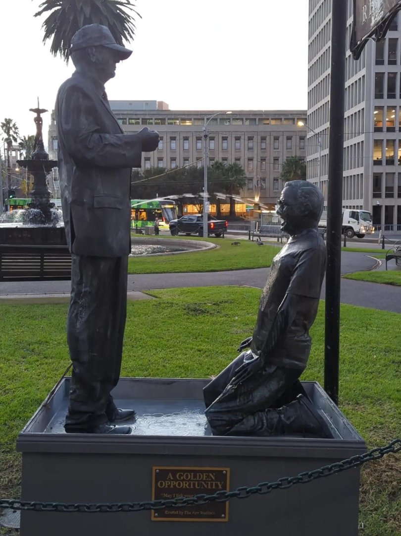 The statue depicts Anthony Albanese and Donald Trump.