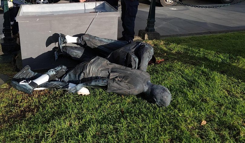 The controversial display was later claimed by activist art collective The New Radicals, which has a history of staging politically charged public installations.