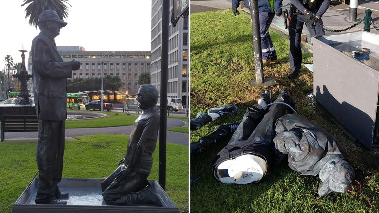 Commuters were left stunned on Friday morning when they discovered the provocative installation in Gordon Reserve, directly opposite Victoria’s Parliament House.