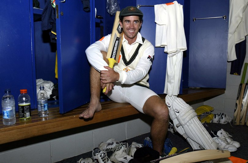 England versus Australia at the MCG. Justin Langer relaxes in the dressing room after his mammoth innings of 250 during day 2.