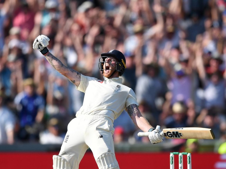 Ben Stokes celebrates hitting the winning runs for England to win the Third Test against Australia at Headingley in 2019. 