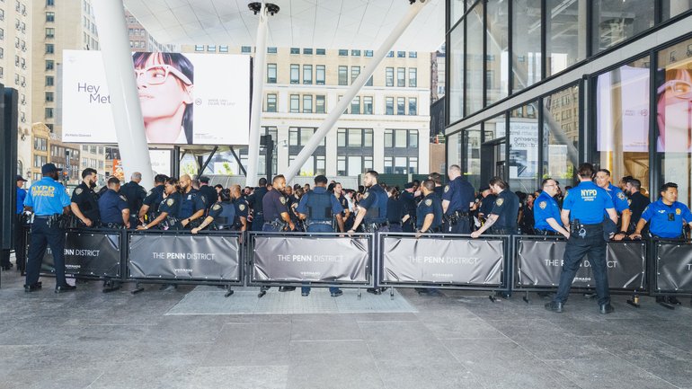 Police officers gather outside MSG on Friday. (Sara Konradi/For The Washington Post)