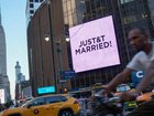 A sign at Madison Square Garden announces that Taylor Swift and Travis Kelce have tied the knot. (AP PHOTO)
