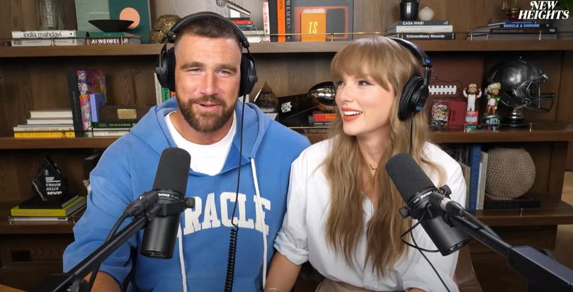 Travis Kelce and Taylor Swift discussing her new album on the New Heights podcast.