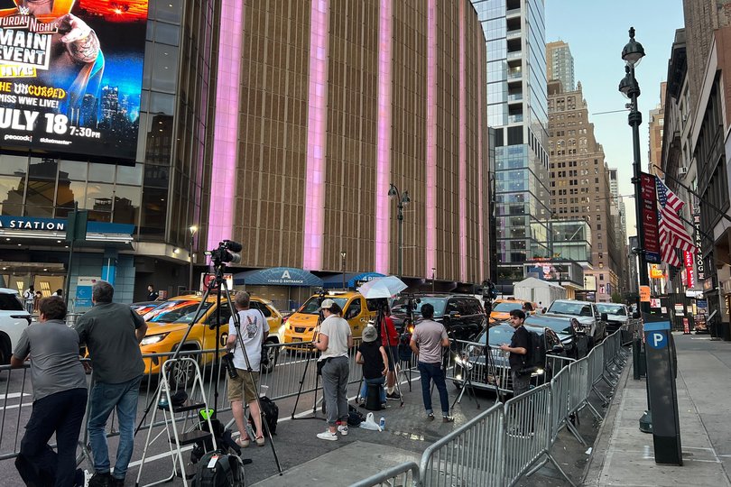 Journalists are gathered at Madison Square Garden for wedding celebrations for pop star Taylor Swift and professional football player Travis Kelce