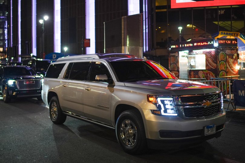 An SUV believed to be carrying singer Taylor Swift is seen leaving Madison Square Garden after a reported rehearsal dinner ahead of her wedding to Kansas City Chiefs player Travis Kelce in Manhattan, New York.