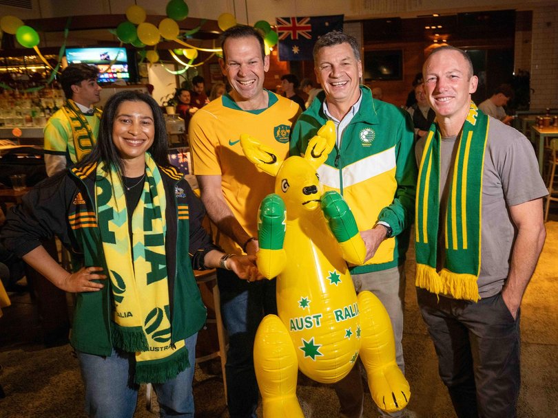 Elissia Carnavas Matt Canavan and Angus Taylor and Darren Lockyer watch the Socceroos game at Darling & Co, Paddington. Picture: NewsWire / Sarah Marshall