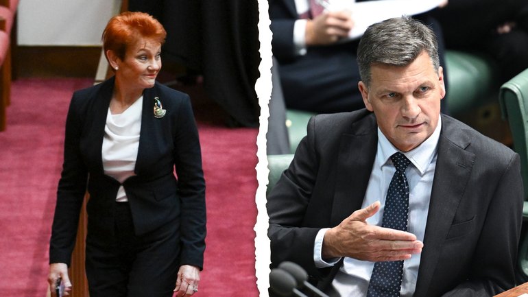 Federal Liberal Leader Angus Taylor (right) says One Nation is a “one-person show”, in a direct dig at Pauline Hanson (left) — the woman who wants to be prime minister.