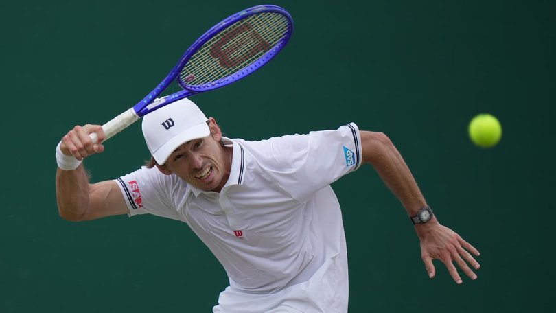 Alex de Minaur has made round four at Wimbledon after a four-set victory over Zach Svajda. (AP PHOTO)
