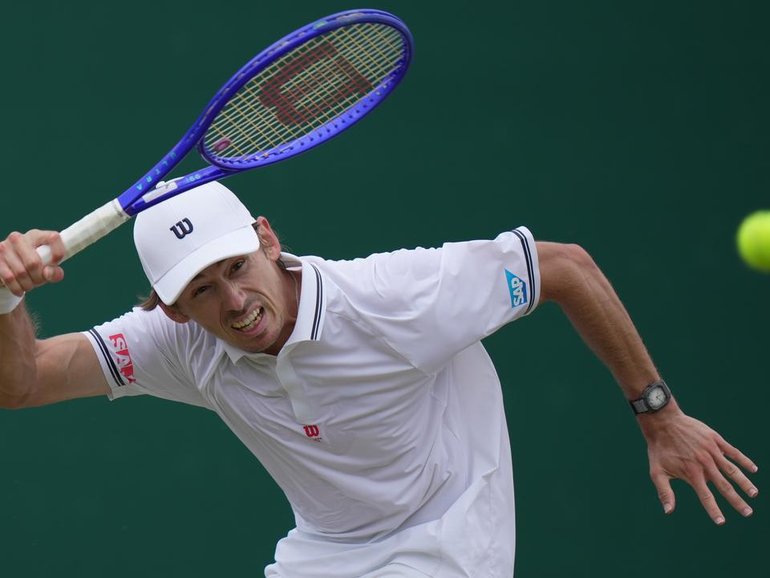 Alex de Minaur has made round four at Wimbledon after a four-set victory over Zach Svajda. (AP PHOTO)