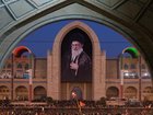 Mourners have gathered beneath a portrait of the late Iranian supreme leader Ayatollah Ali Khamenei. (AP PHOTO)