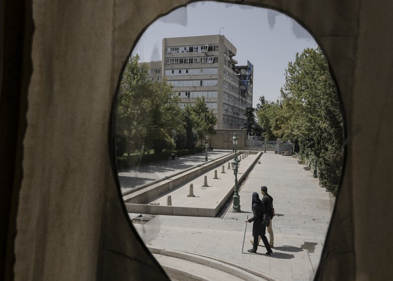 A judiciary building, damaged during the war with the US and Israel, visible from the Golestan palace in Tehran, on Friday, July 3, 2026.
