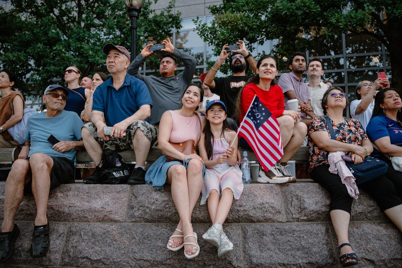 Spectators watch the International Aerial Review in Lower Manhattan during the 250th anniversary of the United States' independence in New York, July 4, 2026.