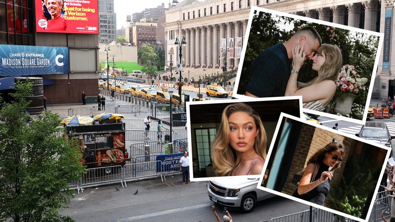 If there was ever a contender for the celebrity event of the decade, Taylor Swift and Travis Kelce’s (top) wedding at Madison Square Garden. Pictured: Gigi Hadid (middle), Dakota Johnson.