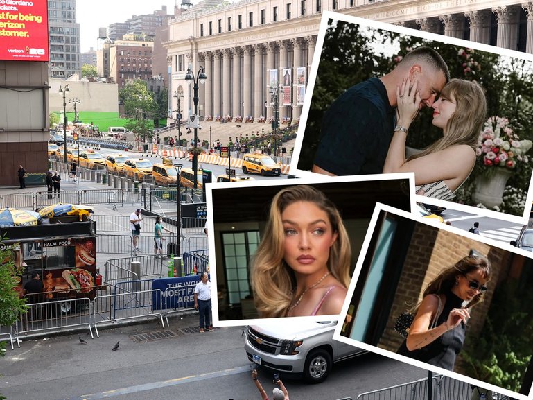 If there was ever a contender for the celebrity event of the decade, Taylor Swift and Travis Kelce’s (top) wedding at Madison Square Garden. Pictured: Gigi Hadid (middle), Dakota Johnson.