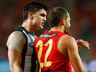 Collingwood defender Brayden Maynard (left) has learnt his fate for an umpire push while remonstrating with Ben Long (right).
