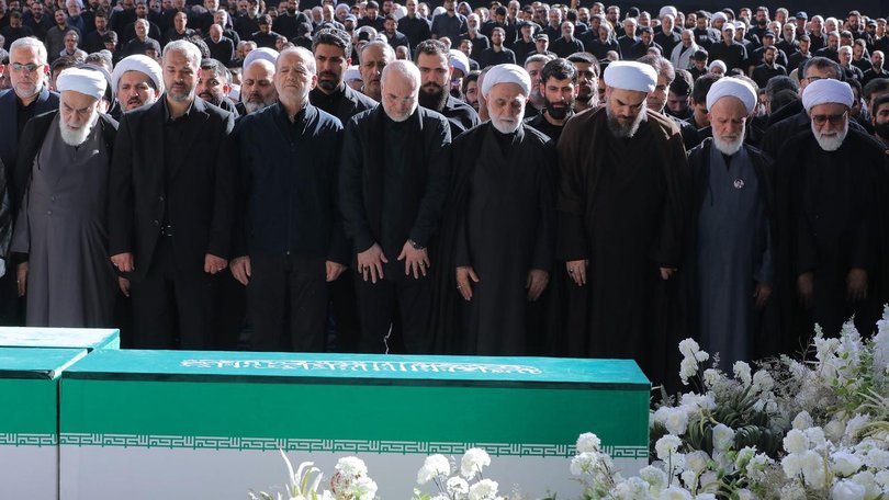 Iranian officials and three sons of Ali Khamenei have prayed at the former leader's funeral. (EPA PHOTO)