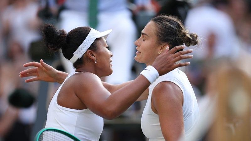 Naomi Osaka (l) has seen off top seed Aryna Sabalenka to reach the Wimbledon quarter-finals