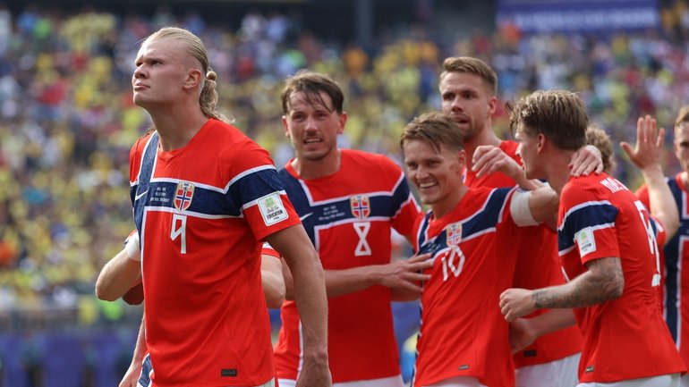 Erling Haaland celebrates after scoring against Brazil.