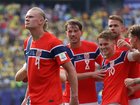 Erling Haaland celebrates after scoring against Brazil.