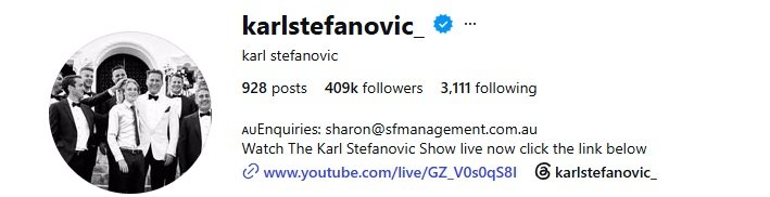 Karl Stefanovic's updated Instagram profile.