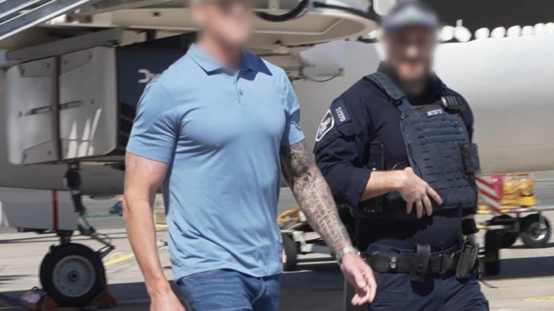 Ben Roberts-Smith being arrested at Sydney Airport on April 7 after arriving with his partner and teenage daughters from Brisbane for a shopping trip. The Nine media group was given advance warning of the arrest.