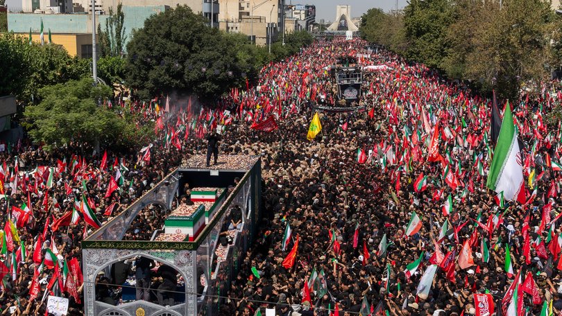 Mourners gather to pay final respects to Iran's slain Supreme Leader Ayatollah Ali Khamenei during the third day of his funeral ceremonies on July 6, 2026 in Tehran, Iran.