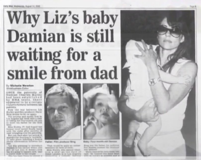 Daily Mail newspaper headlines for the Liz Hurley paternity case involving her son.
