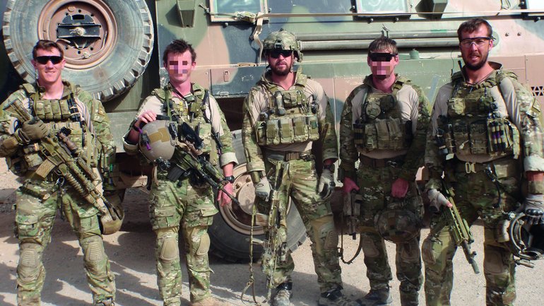 SAS team Bravo 3 immediately before a mission in Shah Wali Kot, Afghanistan, that would cost Trooper Jason Brown his life. Andy White is in the centre.
