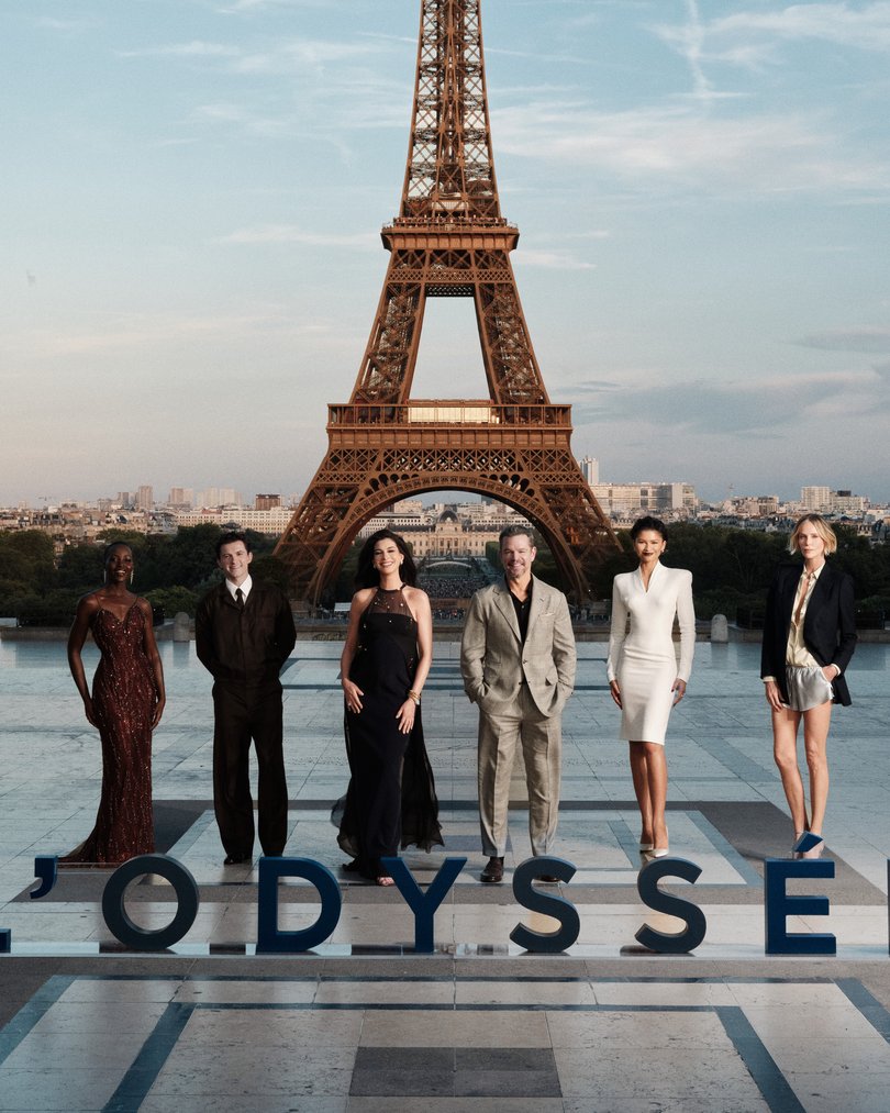 The cast of Christopher Nolan's adaptation of Odyssey during a photocall in Paris.
