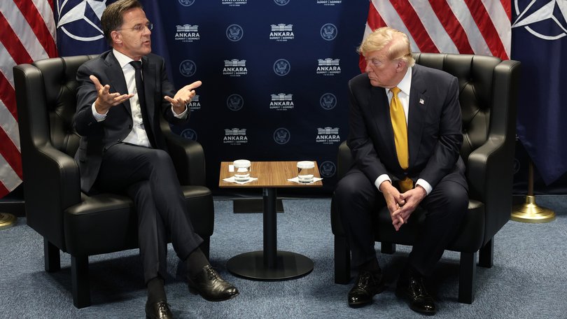 US President Donald Trump (R) meets with NATO Secretary General Mark Rutte for bilateral talks during the NATO Summit in Ankara, Turkey. L