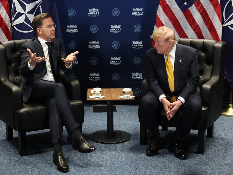 US President Donald Trump (R) meets with NATO Secretary General Mark Rutte for bilateral talks during the NATO Summit in Ankara, Turkey. L